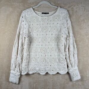 BOSTON PROPER Cream Crochet Lace Long Sleeve Top‎ Sweater Blouse Size M